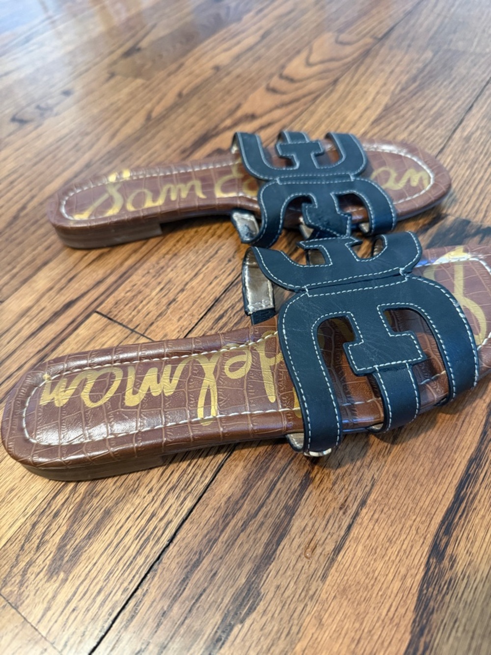 Sam Edelman Black Leather Women's Logo Cutout Slide Sandals
